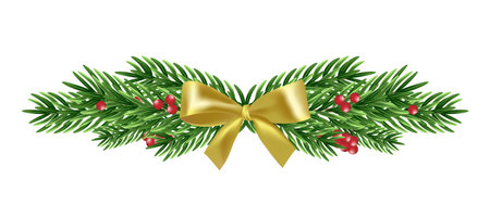 Christmas garland with fir branches and a golden bow. Holiday background. Vectorのイラスト素材