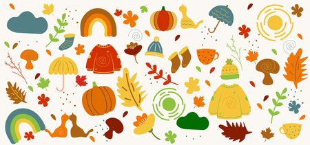 Vector collection with autumn symbols and elements. Autumn colors .のイラスト素材