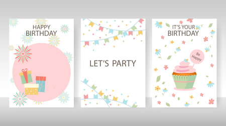 Set of birthday greeting cards with beautiful and lovely cakes against a gray wall. Congratulation. Vector birthday cardのイラスト素材