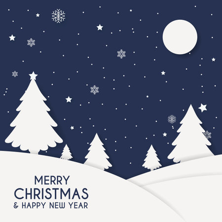 Merry chrismas and Happy new year greeting card. Winter night with christmas tree and moon. Paper art style. Vectorのイラスト素材