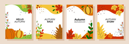 Set of abstract autumn backgrounds for social media stories. Colorful banners with autumn fallen leaves and pumpkins. Use for event invitation, discount voucher, advertising. Vector eps 10のイラスト素材