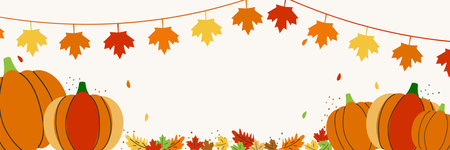 Autumn pumpkins and maple leaves background. Autumn background with stroked elements for thanksgiving day. Vector Illustrationのイラスト素材