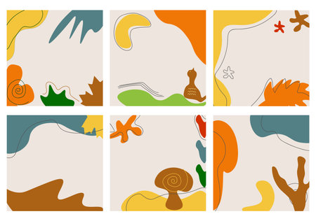 Vector set of abstract autumn elements. Mobile Wallpapers in minimalist trend style for social media stories. Vector Illustration in autumn colors orange, yellow, terracottaのイラスト素材