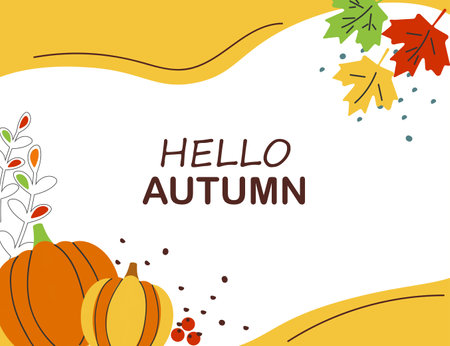 Hello autumn banner or greeting card for the autumn holiday. Pumpkins, inscriptions, leaves and maple in a flat style. Vector seasonal illustrationのイラスト素材