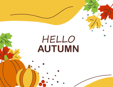 Hello autumn banner or greeting card for the autumn holiday. Pumpkins, inscriptions, leaves and maple in a flat style. Vector seasonal illustrationのイラスト素材