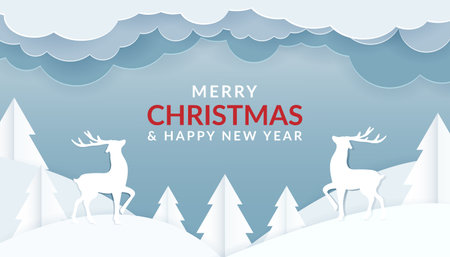 Winter landscape with deer paper cut-out and fir trees in snow. Festive horizontal banner with text Merry Christmas. Vector paper clouds and snowdriftsのイラスト素材