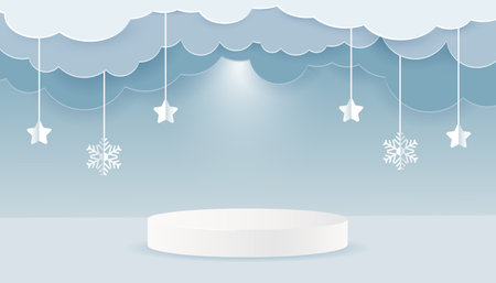 Winter background with paper cut style clouds and white podium. Stage, podium for goods, advertising. Christmas background with podium. Vectorのイラスト素材
