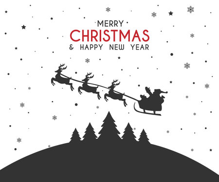 Santa in a reindeer sleigh in the sky. Winter christmas background with santa, trees and snowfall. Black drawings on a white background.Merry Christmas and Happy New Year. Vectorのイラスト素材
