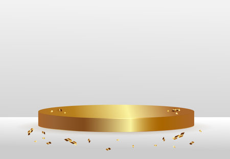 Abstract 3D gold cylinder pedestal or podium with glowing gold confetti. Grey minimal wall scene for cosmetics product display presentation. Vector greeting platform design.のイラスト素材
