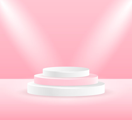 Vector 3d podium with illumination. White and pink podiums against a pink wall. Scene for congratulations or product presentation.のイラスト素材