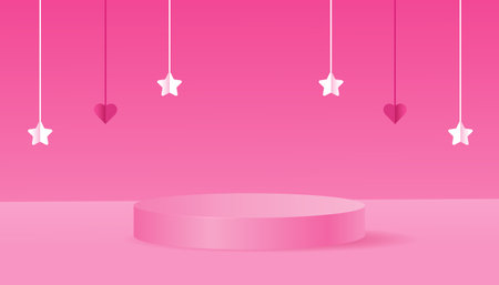 Background gradient pink with a podium and a minimal scene on the wall. Pink background in doll style. Stage for the doll. Vectorのイラスト素材