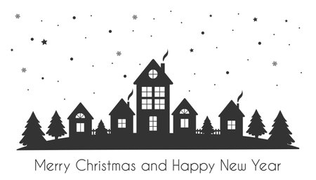 Winter village. Christmas background with houses, trees and snowfall. Black drawings on a white background.Merry Christmas and Happy New Year. Vectorのイラスト素材