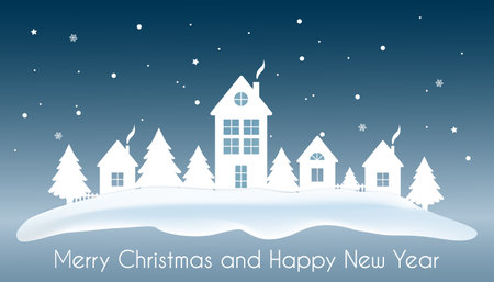 Winter village in a snowdrift. Christmas background with houses, trees and snowfall. Paper cut.Merry Christmas and Happy New Year. Vectorのイラスト素材