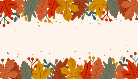 Autumn seasonal background with border made of fallen autumn golden, red and orange colored leaves and place for text. Vector illustrationのイラスト素材