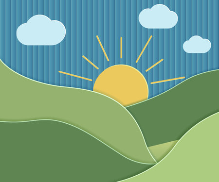 Paper cut landscape . Landscape with hills and sun .3d Paper cut abstract minimal geometric shape template background.Vectorのイラスト素材