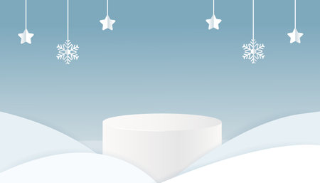 Christmas Winter landscape with snow drifts and product podium scene. Paper cut snow background. Vector illustrationのイラスト素材