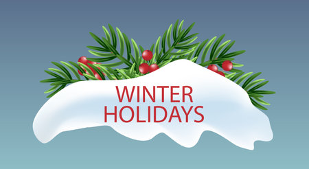 Holidays greeting card for winter happy holidays. Fir-tree branches frame with snow. Vector greeting card, poster, invitationのイラスト素材