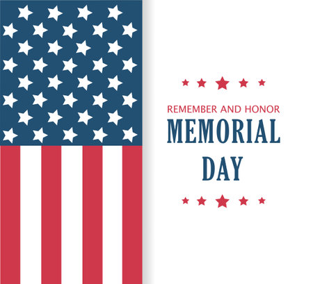 Memorial Day . Usa memorial day celebration. American national holiday. Invitation template with blue text and us flag on white background. Vectorのイラスト素材