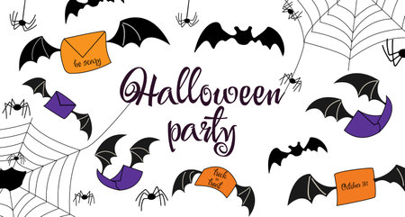 Halloween party. Envelopes with bat wings,bats and spiders on a white background. Autumn holidays. Vectorのイラスト素材