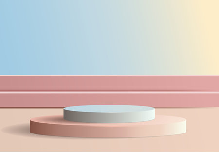 3d vector background products display podium with platform. Stand to show cosmetic product on podium 3d. Stage showcase on pedestal display in pastel shadesのイラスト素材