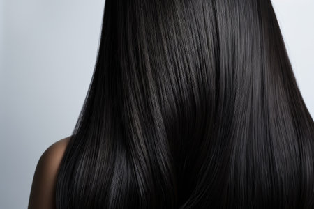 Dark straight hair close-up. Womens long dark hair. Hairdressing treatmentsの写真素材
