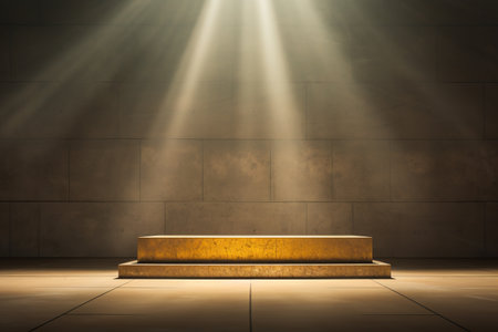 Marble podium in rays of sunlight against a background of a gray marble wall. Generated by artificial intelligenceの素材