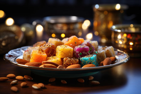 Plate with oriental sweets. Eastern holidays. Generated by artificial intelligenceの素材