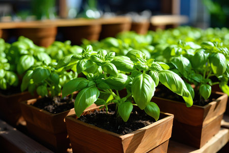 Basil seedlings in pots. Planting. Healthy eating. Generated by artificial intelligenceの素材