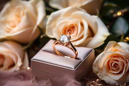 Engagement ring with a diamond in a box on a background of a bouquet of roses. Generated by artificial intelligenceの素材