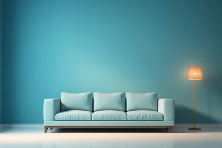 Modern minimalist interior with blue sofa, lamp on a blue color wall background. Generated by artificial intelligenceの素材