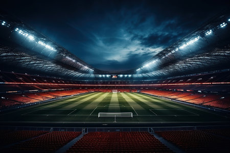 An empty stadium for playing football in the open air in the bright rays of floodlights. Dark sky with clouds over the stadium. Sports competition concept. Generated by artificial intelligenceの素材