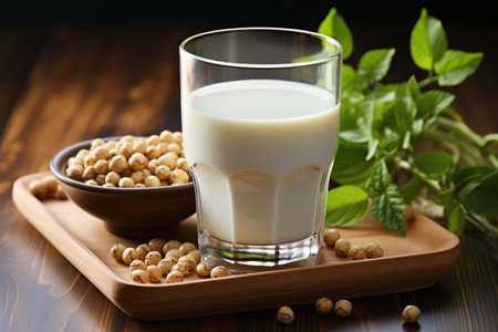 Soy milk and soy bean on wooden background. Healthy eating concept.の素材