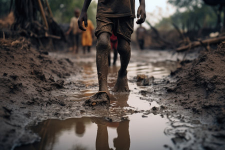The feet of a dark-skinned child in a puddle of mud.の素材