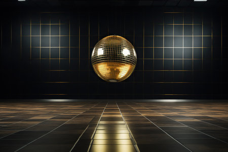 Golden disco ball in a dark empty room. Reflections of light on a disco ball. Generated by artificial intelligenceの素材