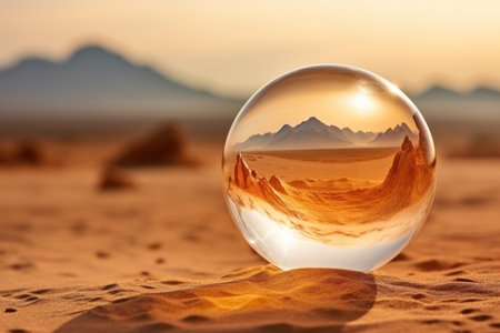 A glass ball in the middle of the desert in the rays of sunset. Close-up, beautiful view.の素材