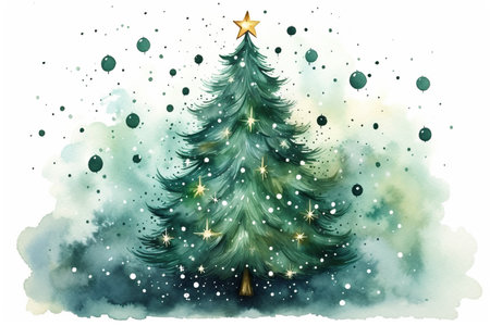 Christmas tree decorated with balls, watercolor drawing. Christmas greeting card.の素材