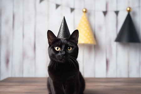 A black kitten in a festive cap sits on the wooden table. Blur holiday decoration. Birthday party.の素材