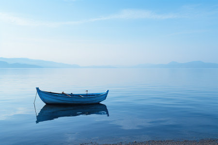 Blue wooden boat in a calm blue sea. Reflection of a boat on the water.の素材