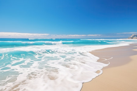 Nature landscape view of beautiful tropical beach and turquoise blue sea in sunny day. Vacation, travel, beach holiday concept.の素材