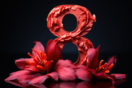 Floral arrangement with the number 8 on a dark background. International Women's Day. Concept of 8 March holiday.の素材