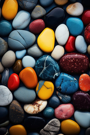 Vertical wallpaper made of multi-colored beach stones. Background of colored pebbles.の素材