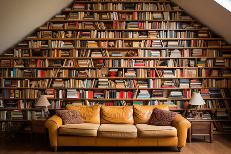 A wall with overflowing bookshelves up to the ceiling, a sofa next to the bookshelves.の素材