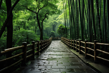 Bamboo forest. Stone path in a bamboo forest.の素材