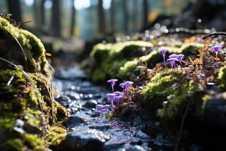 A stream in a forest with stones, moss and lilac flowers in sunny weather.の素材