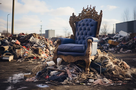 A throne chair on a pile of garbage in a landfill. Environment conservation concept, pollution conceptの素材