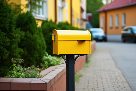 Yellow mailbox near a house with a blurred background.の素材