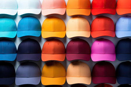 A background of many colored bright caps, baseball caps without inscriptions or patterns.の素材