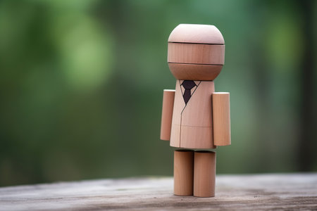 Wooden figurine of a man in a tie on a blurred background.の素材