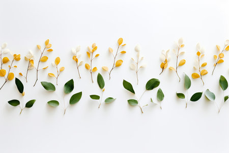 Abstract spring background with green leaves, yellow flowers and space for text.の素材