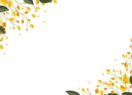 Beautiful pattern with green leaves and yellow branches on a white background with space for text. Vector spring backgroundのイラスト素材